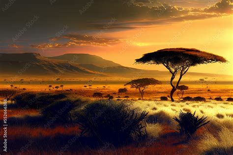 Savanna landscape in Africa with acacia trees Stock Illustration ...