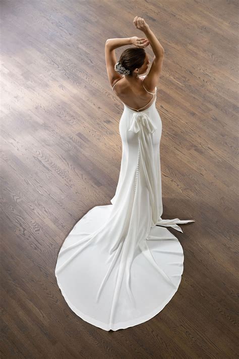 Style Evan: Stretch Crepe Wedding Dress with Illusion V-Back and Bow ...