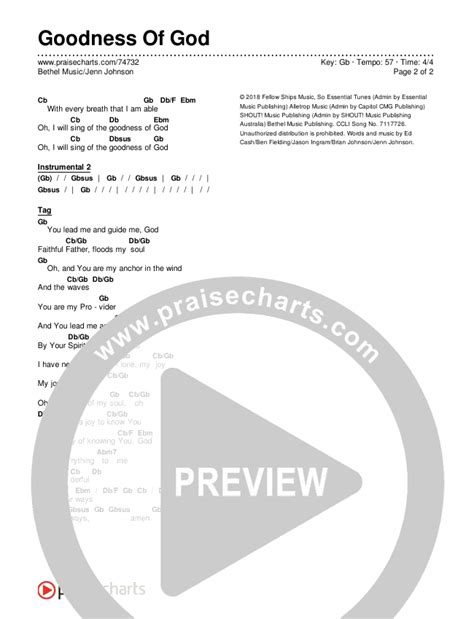 Goodness Of God Chords PDF (Bethel Music / Jenn Johnson) - PraiseCharts