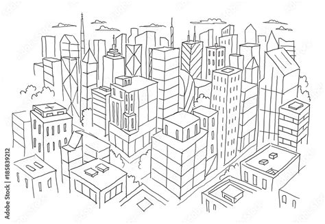 Big city view from the top sketch. Hand drawn vector stock line ...