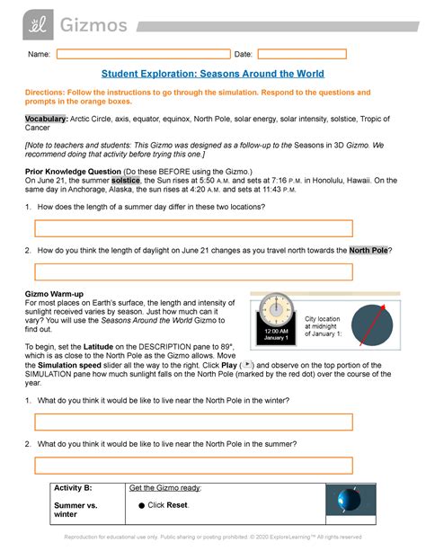 Copy of Seasons Around World - Name: Date: Student Exploration: Seasons Around the World ...