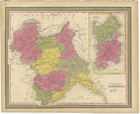 1849 Map of Sardinia, Original Antique Map, Large Hand-Colored Map by Augustus Mitchell ...