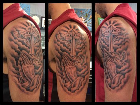 Praying hands cross tattoo Shoulder Piece Tattoo, Shoulder Armor Tattoo, Chest Piece Tattoos ...