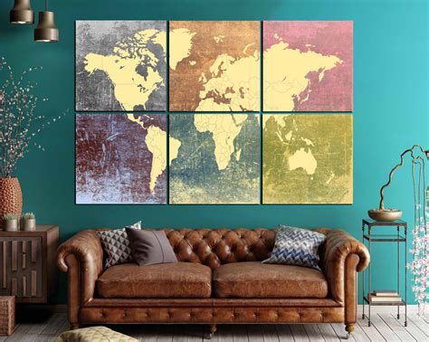 World Map Colorful Decorative 6 Canvas Panels,World Map Large Wall Art,World Map Decorative Art ...
