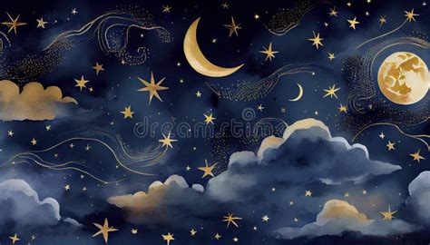 Seamless Pattern of the Night Sky with Gold Foil Constellations Stars and Clouds Watercolor ...