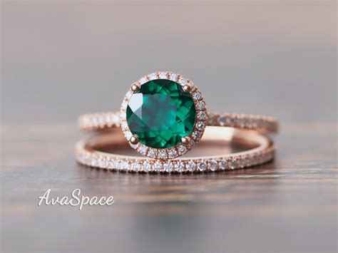 Emerald Engagement Ring Rose Gold, Emerald Wedding Ring Set 14K Diamond ...