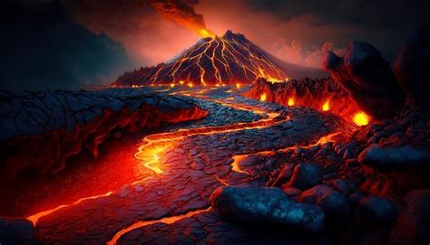 Premium Photo | Lava filed in front of volcano eruption Lava flow down ...