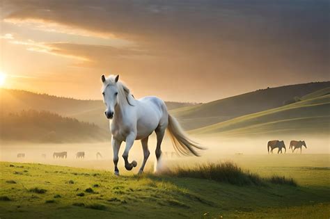 Premium Photo | A white horse runs through a field with a sunset in the background.