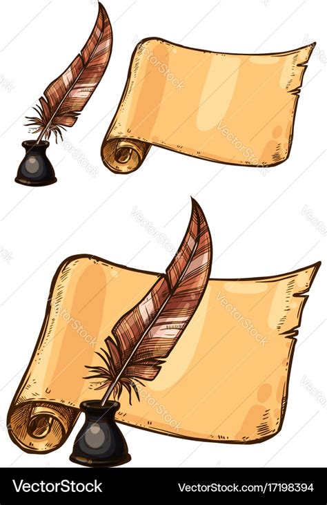 Old ink quill feather pen and manuscript Vector Image