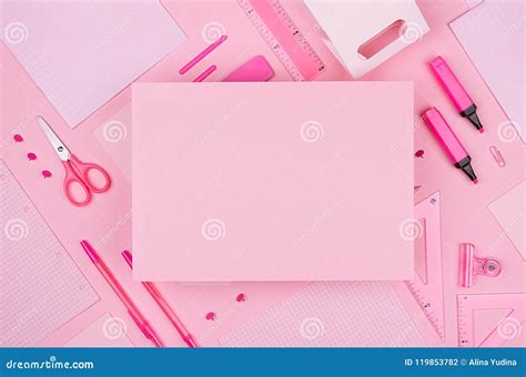 Fashion Stylish Workplace - Blank Paper for Text on Neon Pink Office Stationery Collection on ...