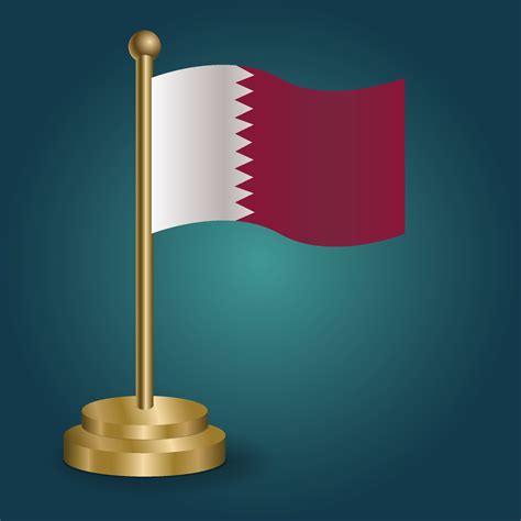 Qatar national flag on golden pole on gradation isolated dark background. table flag, vector ...