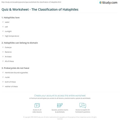 Quiz & Worksheet - The Classification of Halophiles | Study.com