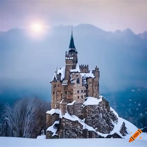 Snowy castle on a mountain on Craiyon