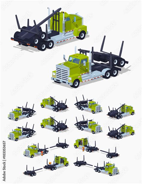 Folded log truck. 3D lowpoly isometric vector illustration. The set of objects isolated against ...