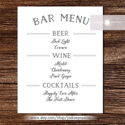 Bar Menu, Liquor Menu, Cocktail Menu, Wedding Bar Menu, Printable Bar ...