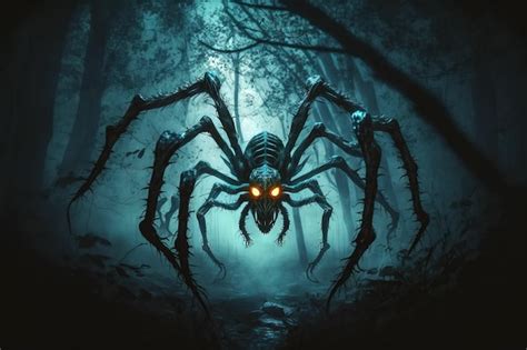 Premium AI Image | Big spider monster in misty forest at night Arachnophobia and nightmare ...