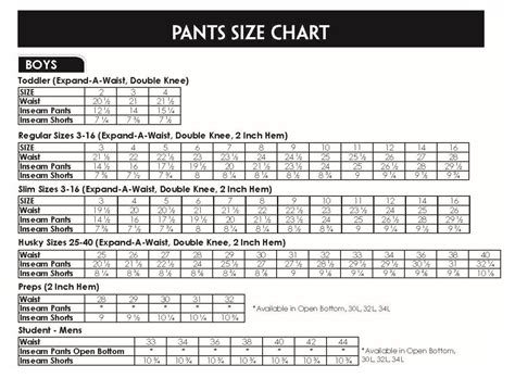 Kids Pants Size Chart