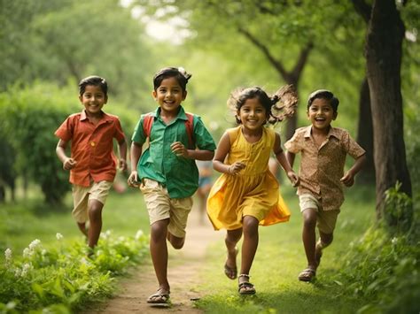 Premium Photo | Group of happy playful Indian children running outdoors in park Asian kids ...