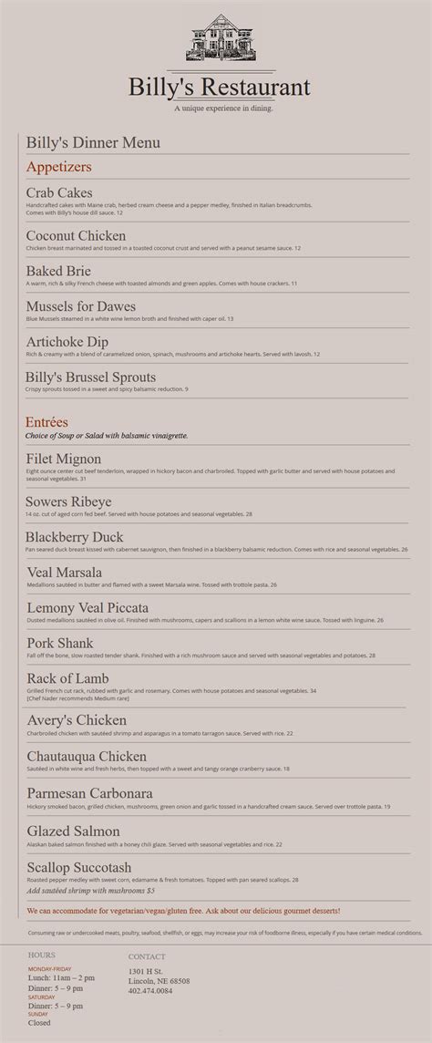 Billy's Restaurant | Dinner Menu | Delivery | Order Online | Lincoln NE ...