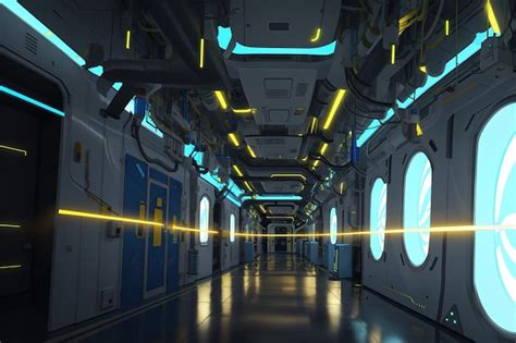 Premium AI Image | Yellow and blue spaceship interior with neon lights