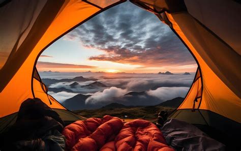 Premium AI Image | View of the snow moutain serene landscape from inside tent camping