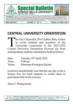 ABU Zaria Central University Orientation, 2021/2022 - Myschool