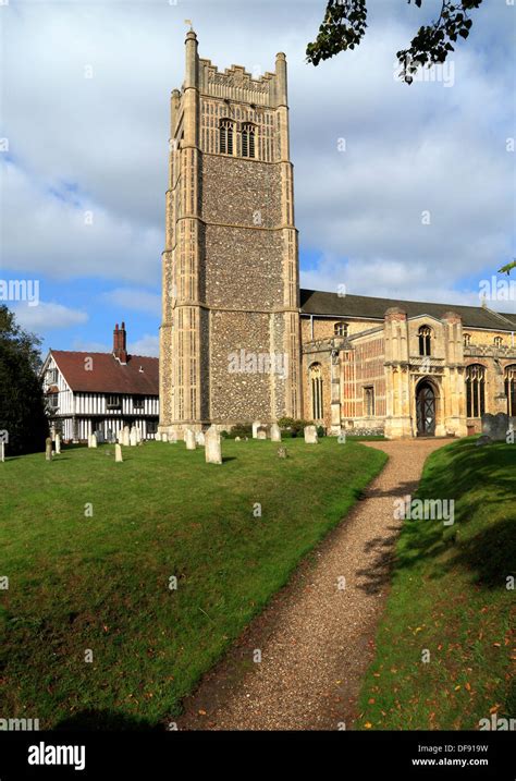 Eye, Suffolk, church and medieval Guildhall, 15th century west tower ...