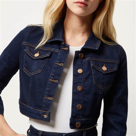 River island Dark Blue Cropped Denim Jacket in Blue | Lyst