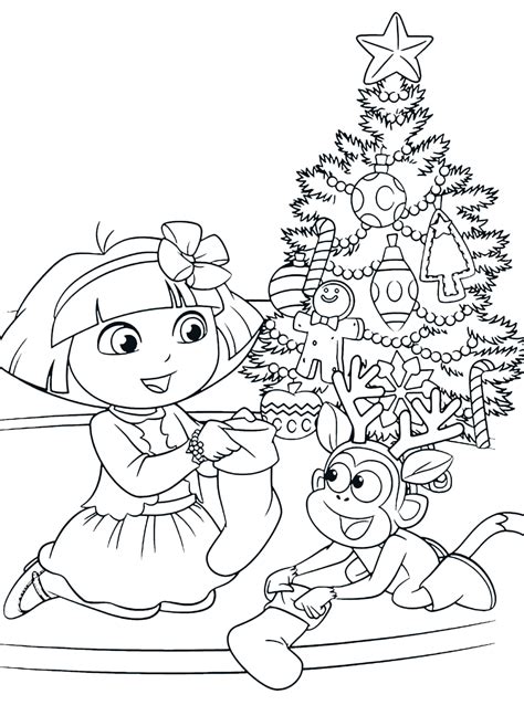 Dora the Explorer - Dora and Boots in front of the Christmas tree look at the socks