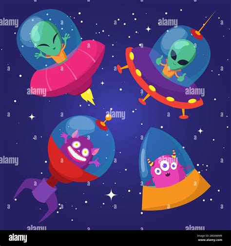 Cartoon funny aliens with ufo in duck starry sky vector set. Alien ufo spaceship in universe ...