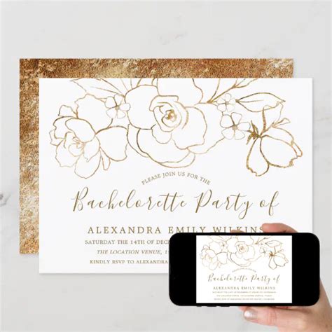 Golden Flowers Elegant Modern Bachelorette Party Invitation | Zazzle