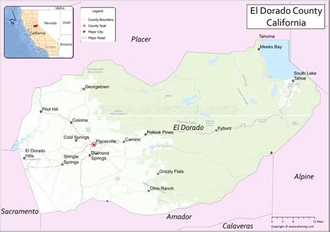 Map of El Dorado County, California showing cities, highways ...