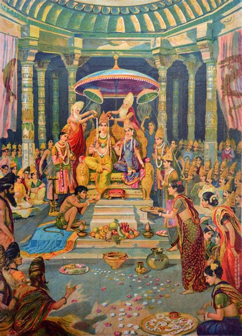 Ram Rajyabhishek - Raja Ravi Varma Press Oleograph Print - Vintage Indian Ramayan Art - Posters ...