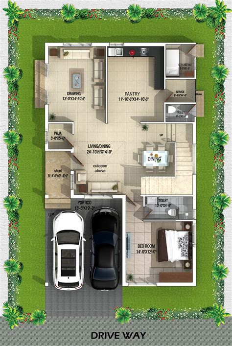 Type A West Facing Villa ground Floor plan | Free house plans, West facing house, 2bhk house plan