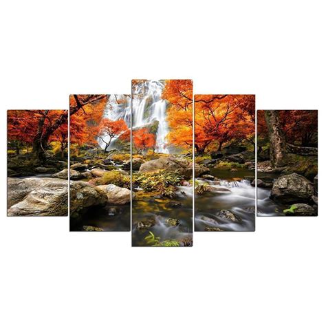 Autumn Forest & Waterfall – Nature 5 Panel Canvas Art Wall Decor – Canvas Storm