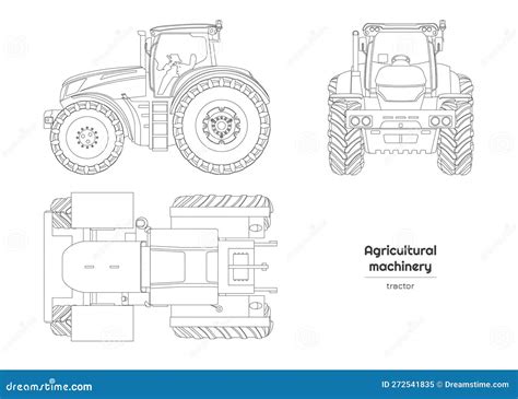 Outline Farmer Tractor Drawing. Isolated Agricultural Machine. Top, Side And Front Views Of ...