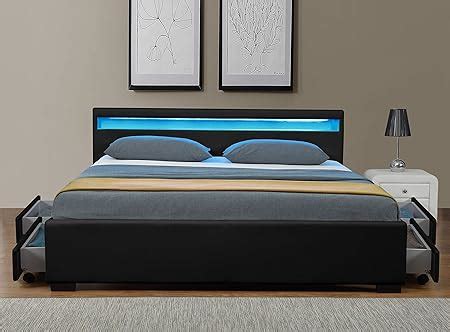 Tokyo Black Leather LED Light Headboard Storage Bed With Four Drawers ...