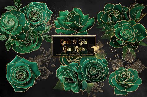 Green and Gold Glam Roses Clipart Graphic by Digital Curio · Creative Fabrica