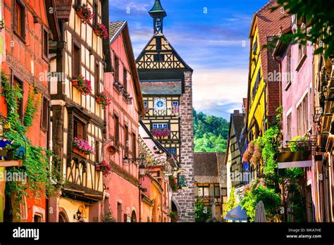 Traditional colorful houses of Riquewihr village,Alsace,France Stock ...