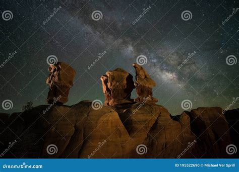 Lit Hoodoos in Devils Garden at Night Stock Photo - Image of beauty ...