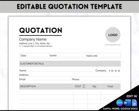 Quote Template EDITABLE Quotation Form Small Business - Etsy Canada