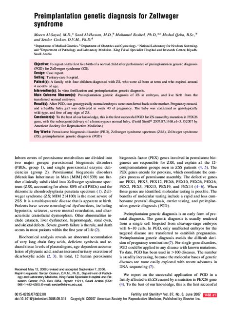 (PDF) Preimplantation genetic diagnosis for Zellweger syndrome | O. Verlinsky - Academia.edu