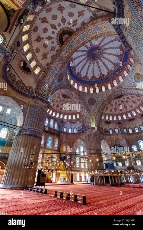 istanbul, turkey - AUG 18, 2015: inside interior of blue mosque also ...