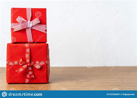 Festive Christmas Background, Gifts in Red Boxes are on the Table, Side ...