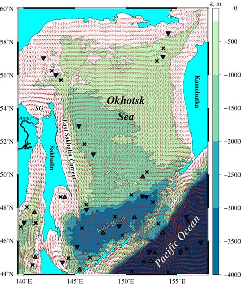 The bathymetry of the Okhotsk Sea with the altimetric AVISO velocity... | Download Scientific ...