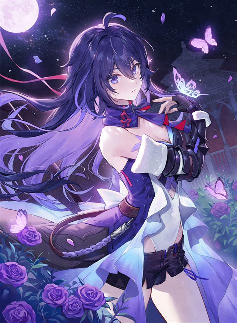 flowers, sky, stars, fingerless gloves, leaves, purple eyes, petals, Seele, butterfly, Honkai ...