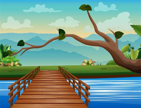 Wooden bridge across river landscape background 6951216 Vector Art at Vecteezy