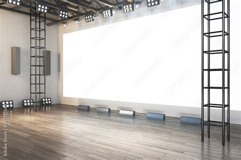 Empty white rectangular screen in interior with wooden flooring ...