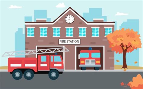 Premium Vector | Fire station building with fire trucks in the city