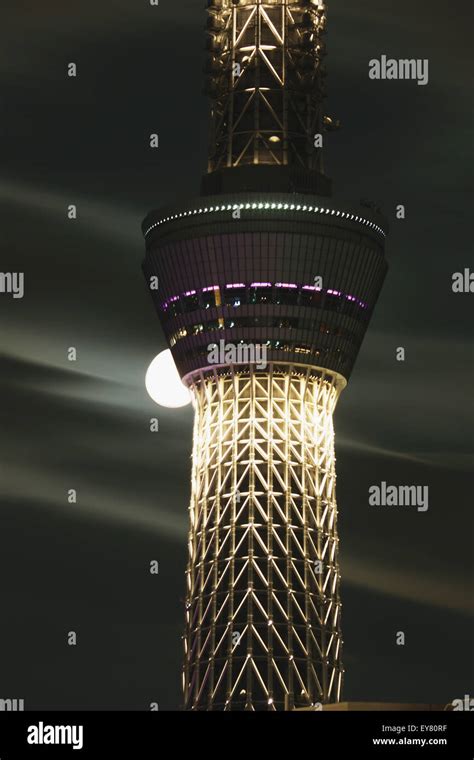 Night view of Tokyo Skytree and full moon, Tokyo, Japan Stock Photo - Alamy